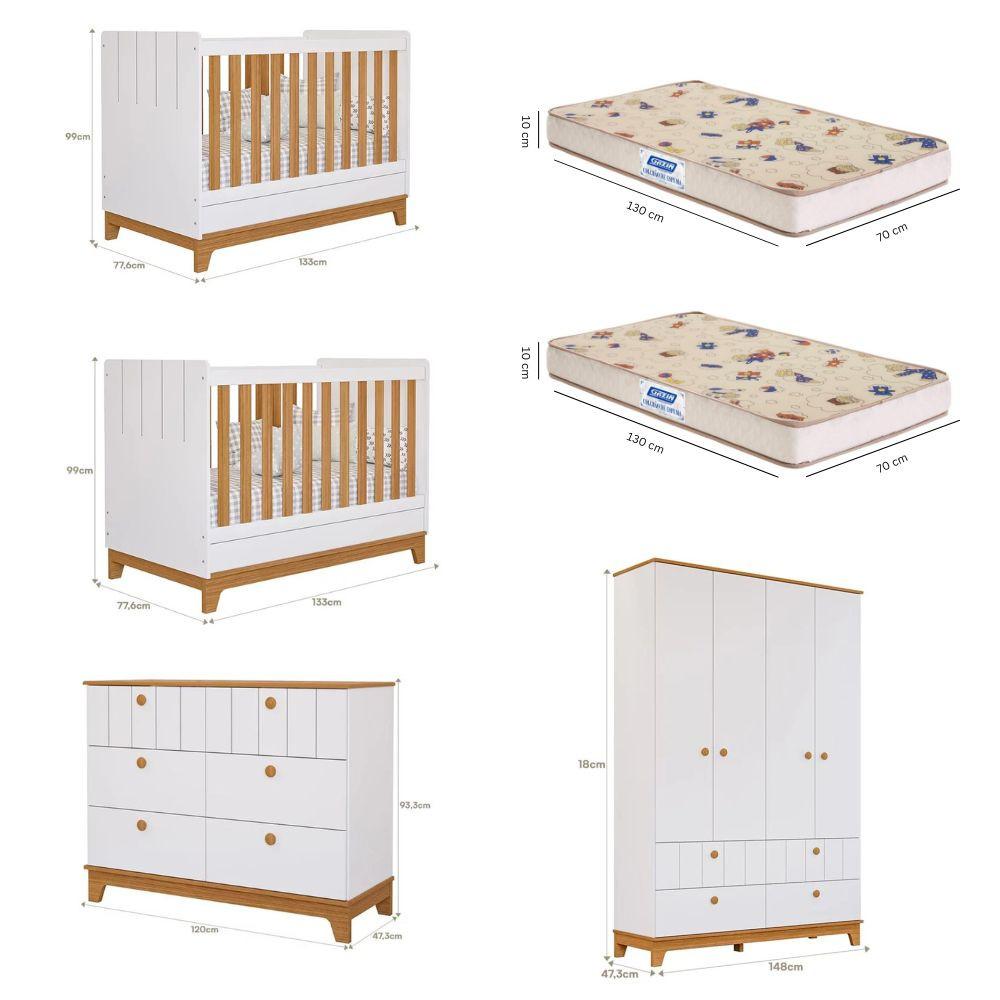 Quarto Bebê Gêmeos com 2 Berços Mini Cama Cômoda e Guarda Roupa Liza e 2 Colchões Gazin Permobili - 3