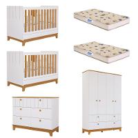 Quarto Bebê Gêmeos com 2 Berços Mini Cama Cômoda e Guarda Roupa Liza e 2 Colchões Gazin Permobili - 1