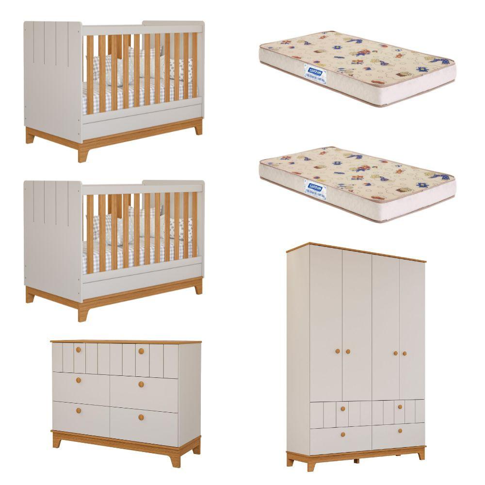 Quarto Bebê Gêmeos com 2 Berços Mini Cama Cômoda e Guarda Roupa Liza e 2 Colchões Gazin Permobili - 1