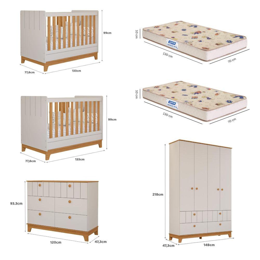 Quarto Bebê Gêmeos com 2 Berços Mini Cama Cômoda e Guarda Roupa Liza e 2 Colchões Gazin Permobili - 3