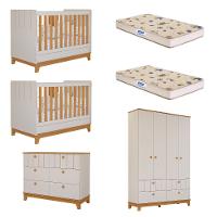 Quarto Bebê Gêmeos com 2 Berços Mini Cama Cômoda e Guarda Roupa Liza e 2 Colchões Gazin Permobili - 1