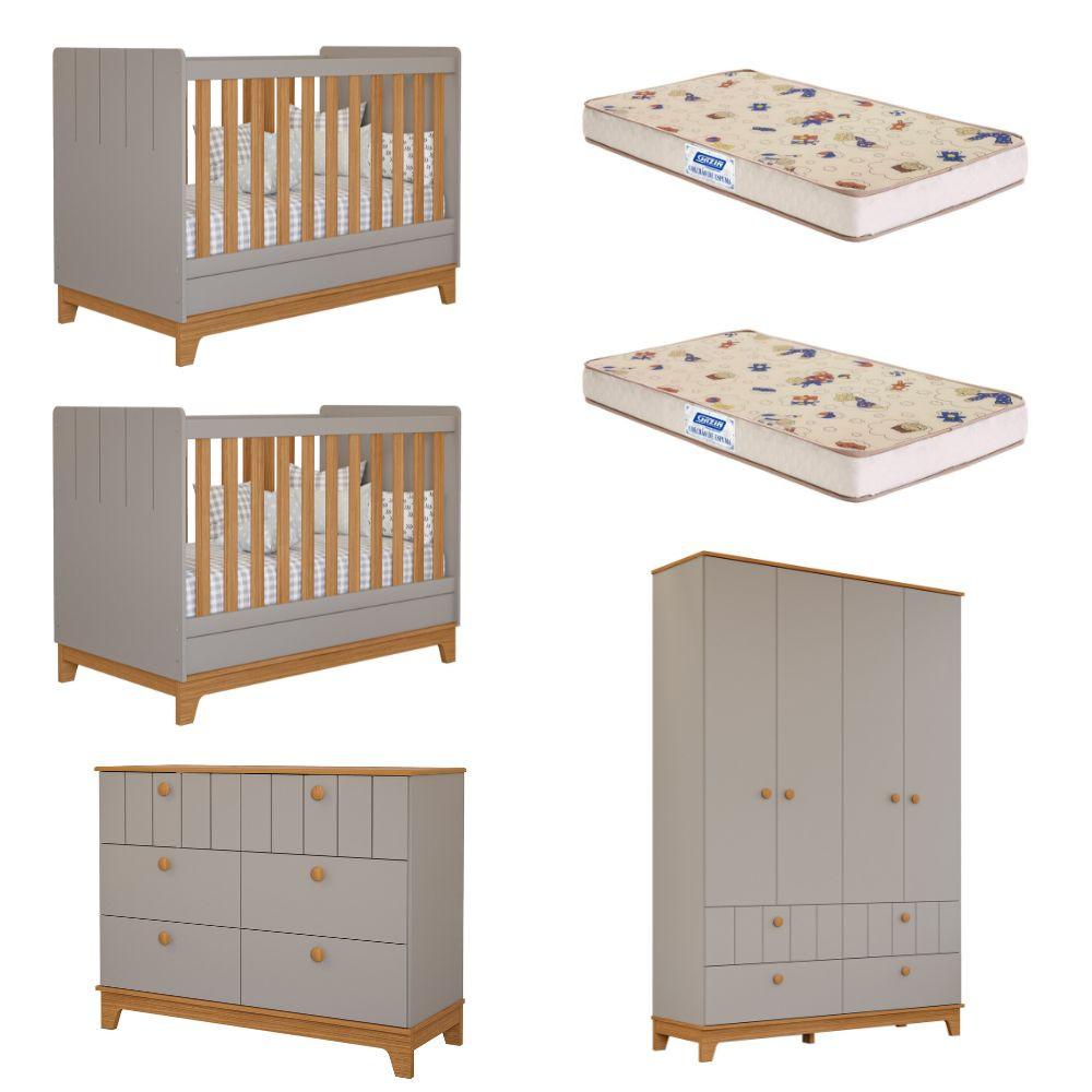 Quarto Bebê Gêmeos com 2 Berços Mini Cama Cômoda e Guarda Roupa Liza e 2 Colchões Gazin Permobili - 1