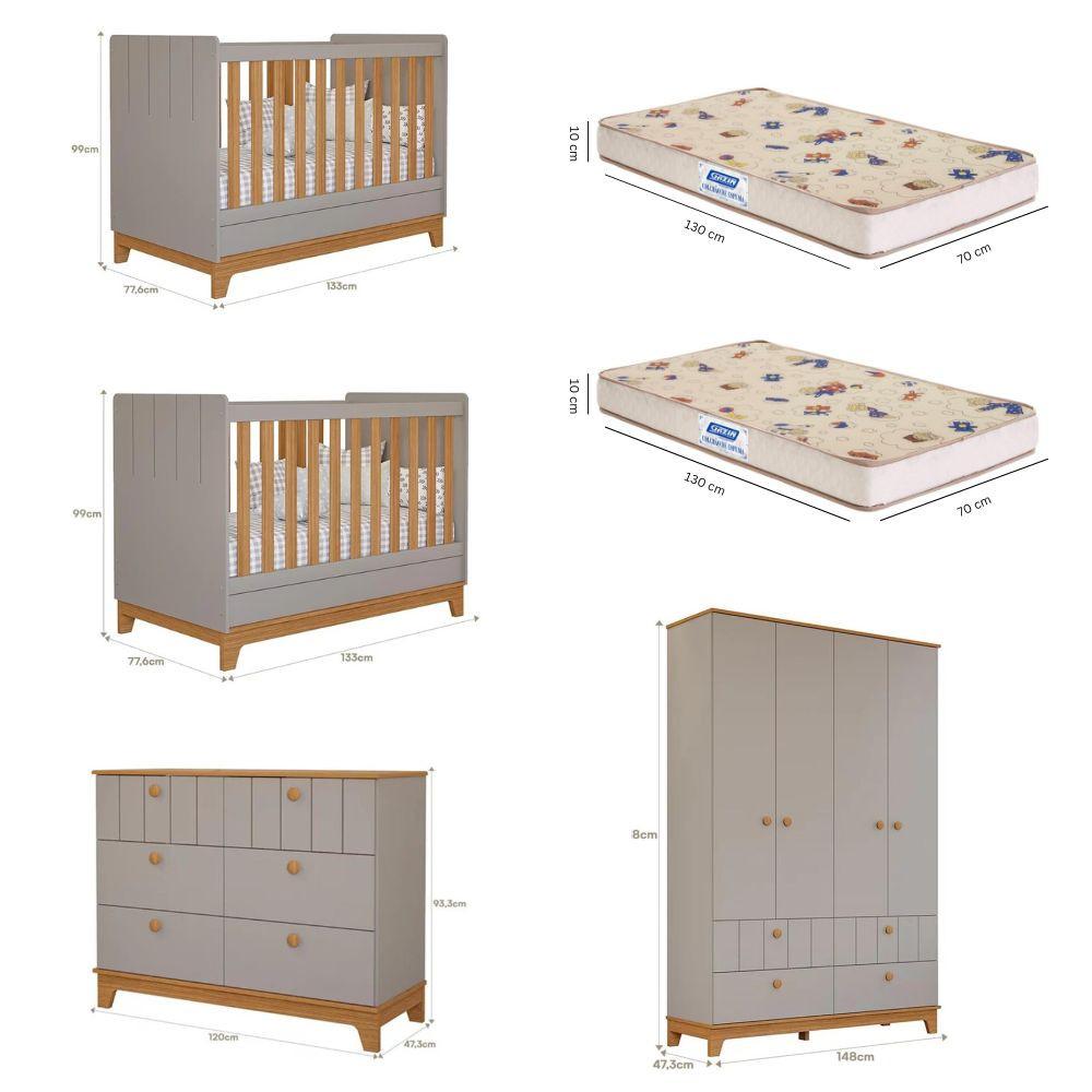 Quarto Bebê Gêmeos com 2 Berços Mini Cama Cômoda e Guarda Roupa Liza e 2 Colchões Gazin Permobili - 3