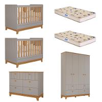 Quarto Bebê Gêmeos com 2 Berços Mini Cama Cômoda e Guarda Roupa Liza e 2 Colchões Gazin Permobili - 1