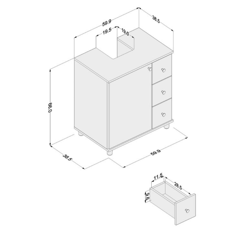 Gabinete para Banheiro 1 Porta 3 Gavetas 3386 Politorno - 4
