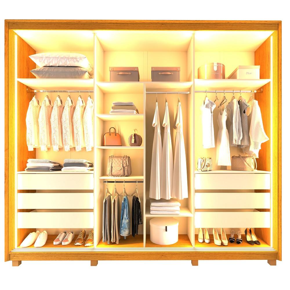 Guarda Roupa Casal com Vidro Reflecta LED 3 Portas de Correr com Pés MDF Platinum Gelius - 3