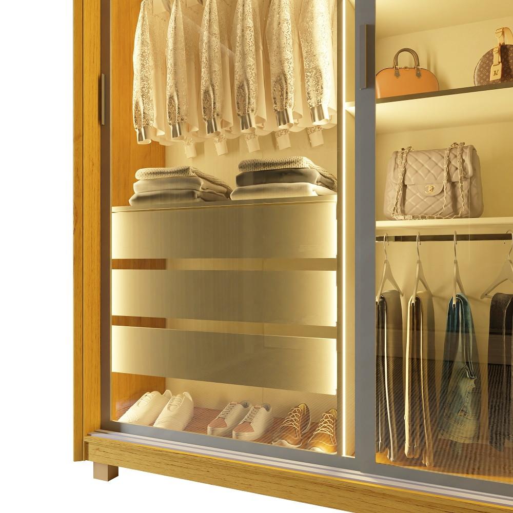 Guarda Roupa Casal com Vidro Reflecta LED 3 Portas de Correr com Pés MDF Platinum Gelius - 5
