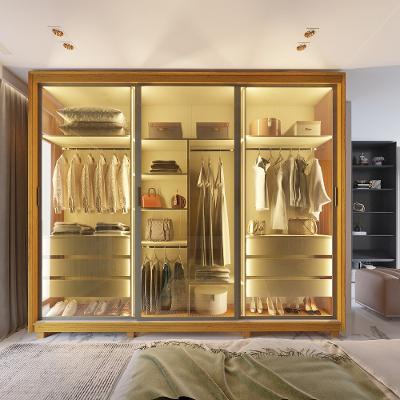 Guarda Roupa Casal com Vidro Reflecta LED 3 Portas de Correr com Pés MDF Platinum Gelius