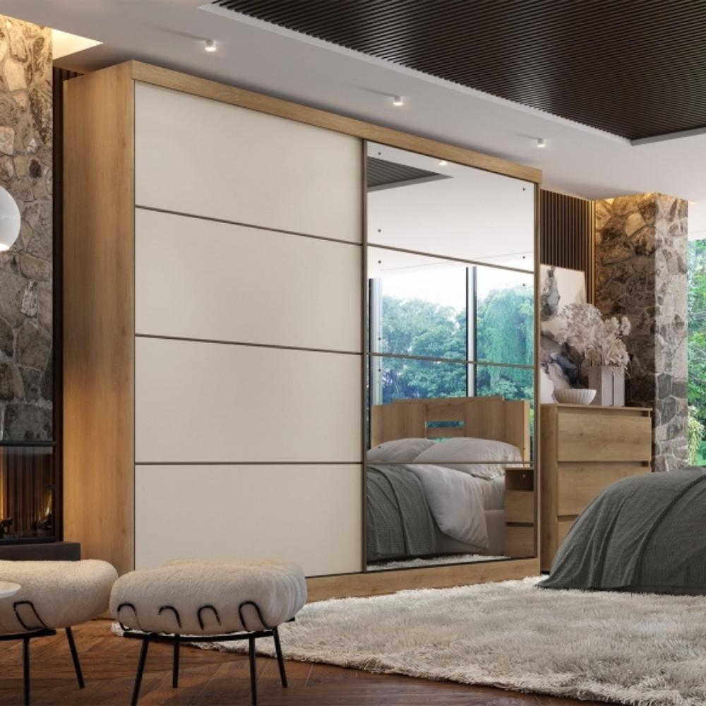 Guarda Roupa Casal com Espelho 2 Portas de Correr em MDF Málaga GlassTHB - 1