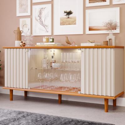 Aparador Buffet Ripado 4 Porta com LED Vidro e Pés de Madeira 100  MDF Janice Cimol