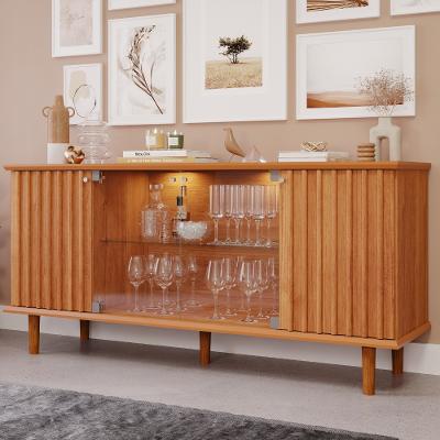 Aparador Buffet Ripado 4 Porta com LED Vidro e Pés de Madeira 100  MDF Janice Cimol