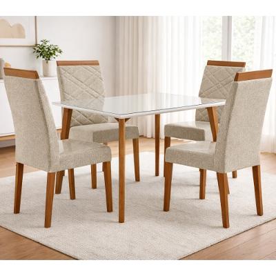 Conjunto Sala de Jantar Mesa 120cm com Tampo de Vidro  Dubai com 4 Cadeiras Atlas Madetal