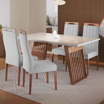 Conjunto Sala de Jantar Mesa 136cm com Tampo de Vidro Moscou com 4 Cadeiras Grécia Madetal