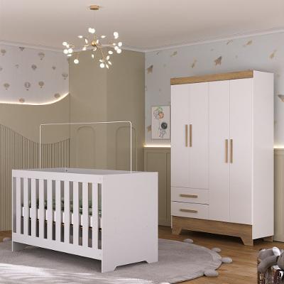 Quarto de Bebê com Guarda Roupa 4 Portas 2 Gavetas e Berço 3 em 1 Catavento Maya Rodial