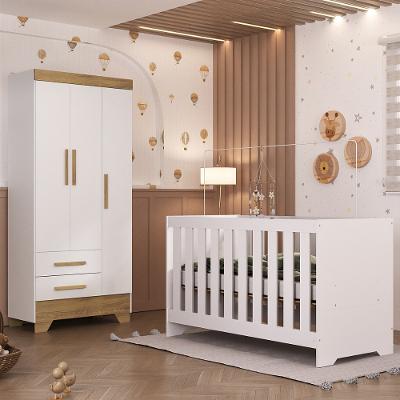 Quarto de Bebê com Guarda Roupa 3 Portas 2 Gavetas Berço 3 em 1 Catavento Maya Rodial