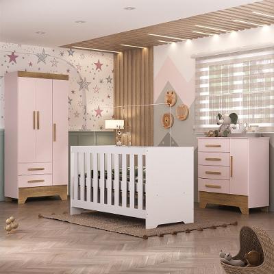 Quarto de Bebê com Guarda Roupa 3 Porta 2 Gavetas Cômoda 4 Gavetas 1 Porta e Berço 3 em 1 Catavento Maya Rodial