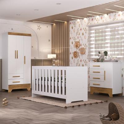 Quarto de Bebê com Guarda Roupa 3 Porta 2 Gavetas Cômoda 4 Gavetas 1 Porta e Berço 3 em 1 Catavento Maya Rodial