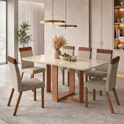 Conjunto Sala de Jantar Mesa 160cm Sonia com 6 Cadeiras Estofadas em Linho e Madeira Maciça Alice Móveis Zamarchi
