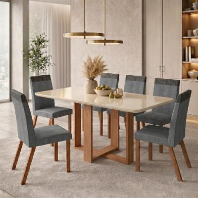 Conjunto Sala de Jantar Mesa 160cm Sonia com 6 Cadeiras Estofadas em Linho e Madeira Maciça Alice Móveis Zamarchi
