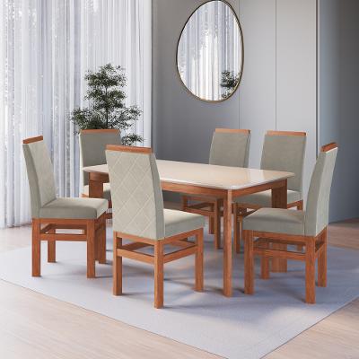 Conjunto Sala de Jantar Mesa 160cm com Tampo de Vidro Jenny com 6 Cadeiras em Madeira Maciça Anissi Móveis Zamarchi