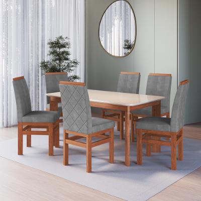 Conjunto Sala de Jantar Mesa 160cm com Tampo de Vidro Jenny com 6 Cadeiras em Madeira Maciça Anissi Móveis Zamarchi