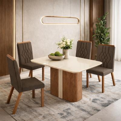Conjunto Sala de Jantar Mesa 120cm com Tampo de Vidro Duda com 4 Cadeiras em Madeira Maciça Tina Móveis Zamarchi