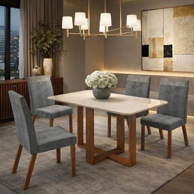 Conjunto Sala de Jantar Mesa 120cm com Tampo de Vidro Leila com 4 Cadeiras em Madeira Maciça Alice Móveis Zamarchi