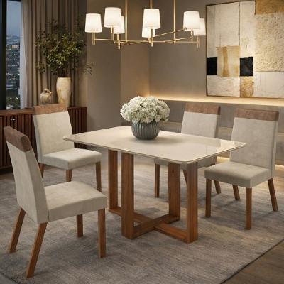 Conjunto Sala de Jantar Mesa 120cm com Tampo de Vidro Leila com 4 Cadeiras em Madeira Maciça Alice Móveis Zamarchi