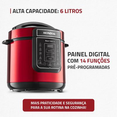 Panela de Pressão Elétrica Digital 6L, Mondial, Vermelho e Inox - PE-60-6L-RI