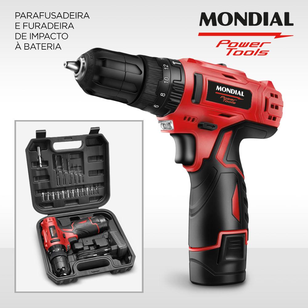 Parafusadeira e Furadeira com Maleta Mondial Preto 12V PI-12MA - 2