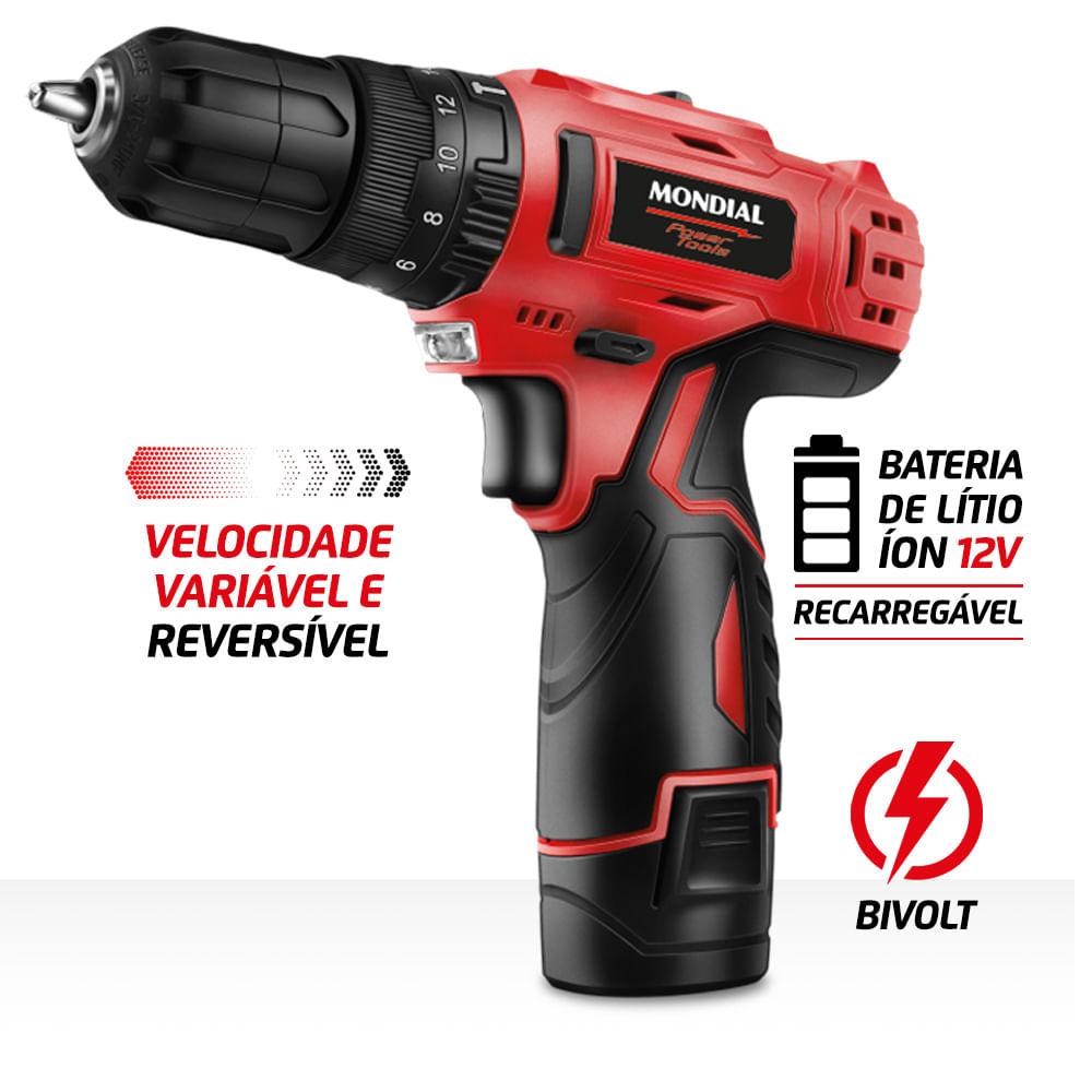 Parafusadeira e Furadeira com Maleta Mondial Preto 12V PI-12MA - 4