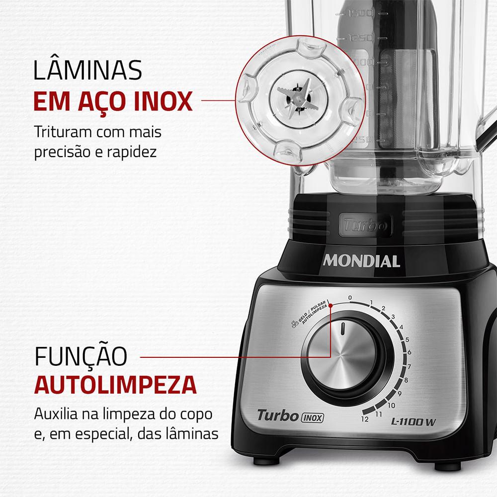 Liquidificador Turbo Mondial Preto e Inox 1100W L-1100 BI - 3