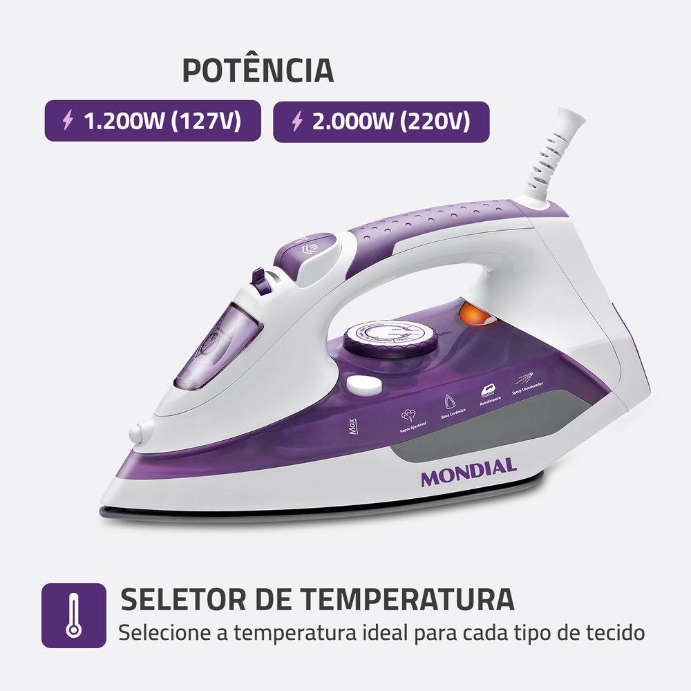 Ferro a Vapor Ceramic Express Mondial Branco e Lilás 1200W F-40 - 3