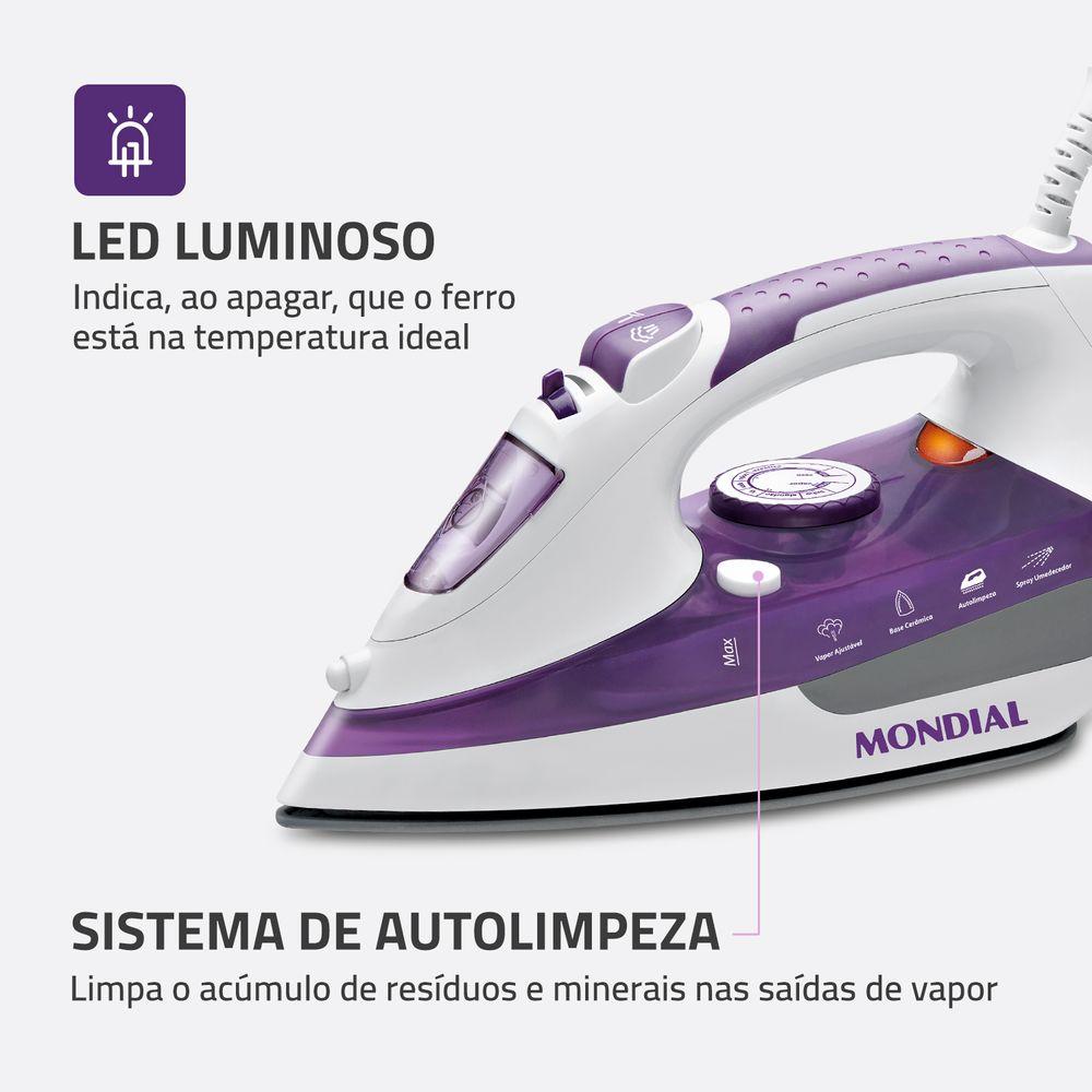 Ferro a Vapor Ceramic Express Mondial Branco e Lilás 1200W F-40 - 7