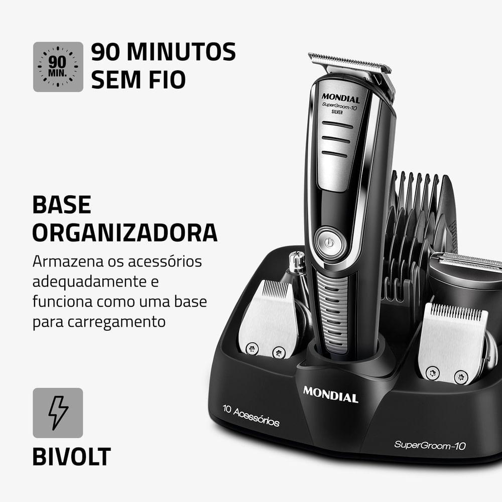Aparador de Pelos Super Groom 10 Mondial Preto/Prata 6W Bivolt - BG-06 - 6
