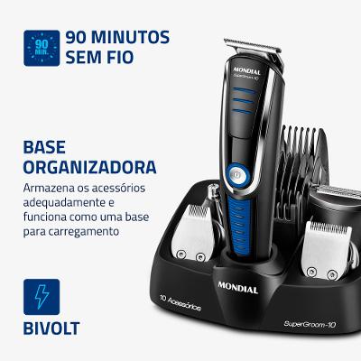 Aparador de Pelos Super Groom 10 Mondial Preto e Azul   BG-03