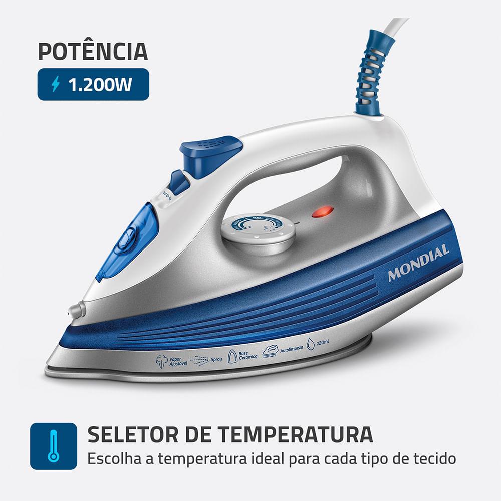 Ferro a Vapor Mondial Branco e Azul 1200W FVN-01-BL - 4