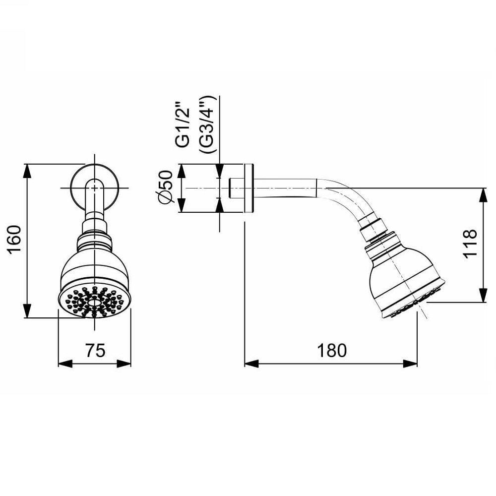 Ducha Parede Celite Ganges 70mm Com Braco Cromado B5846c6crb - 2