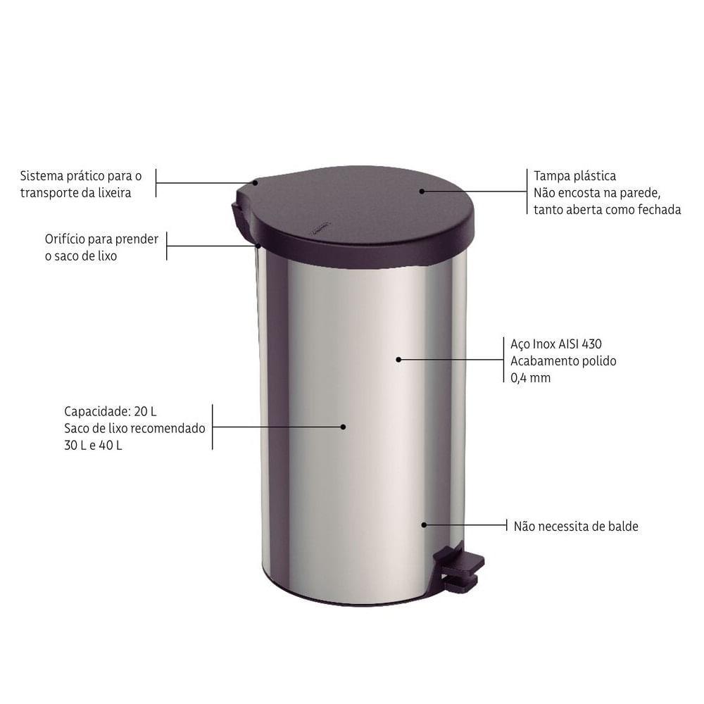 Lixeira Com Pedal 20l Tramontina New Inox Polido 94538720 - 6