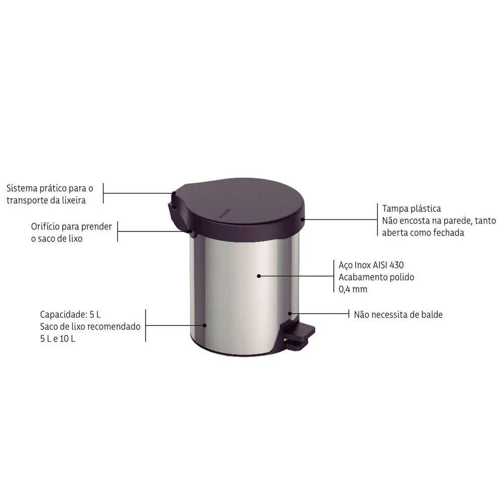 Lixeira com Pedal 5L Tramontina New Aço Inox Polido 94538705 - 7
