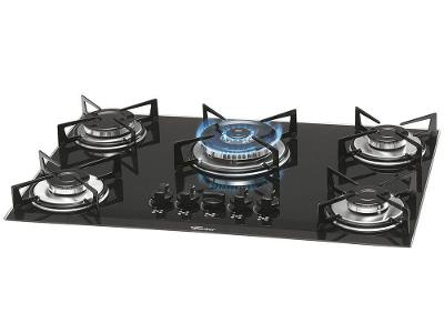 Cooktop 5 Bocas Gás GLP Fischer Mesa de Vidro Preto Tripla Chama Acendimento Automático 1743 5733