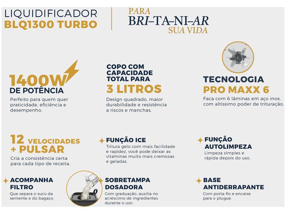 Liquidificador Britânia Fortis Turbo BLQ1300P Preto com Filtro 12 Velocidades + Pulsar 1400W - 2