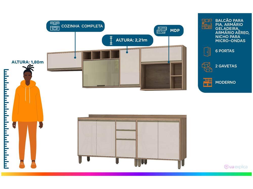 Armário de Cozinha Completa Luciane Parma com Balcão para Pia 8 Portas - 2