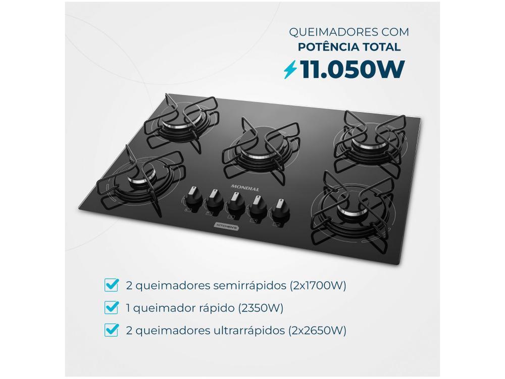 Cooktop 5 Bocas Mondial a Gás GLP Preto - 3