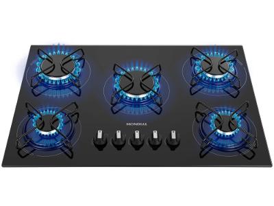 Cooktop 5 Bocas a Gás GLP Mondial Mesa de Vidro Preto Acendimento Automático CTG-02