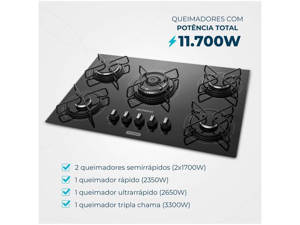 Cooktop 5 Bocas Mondial a Gás GLP Preto - 3