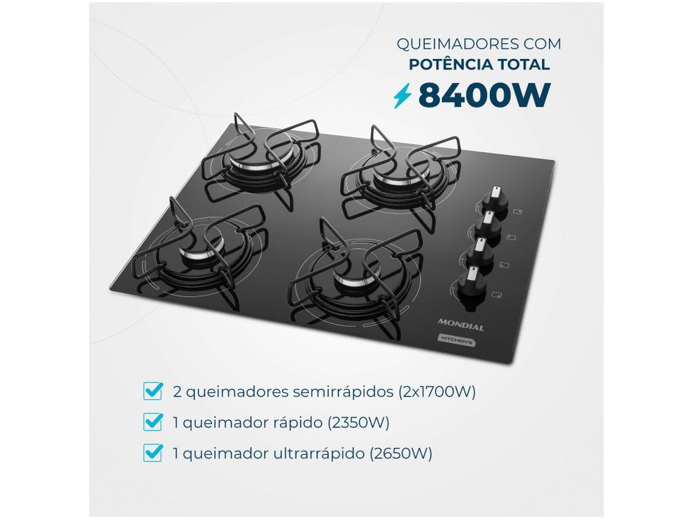 Cooktop 4 Bocas Mondial a Gás GLP Preto - 3