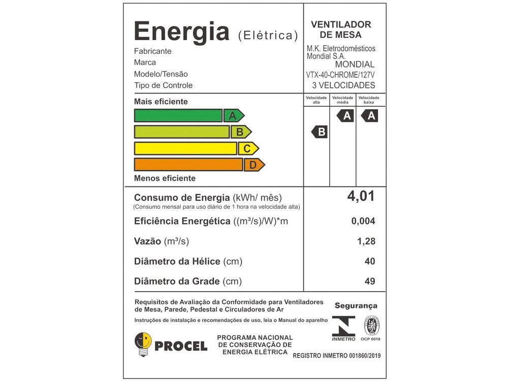 Ventilador de Mesa Mondial Super Turbo VTX-40 Chrome 40cm 8 Pás 3 Velocidades - 15