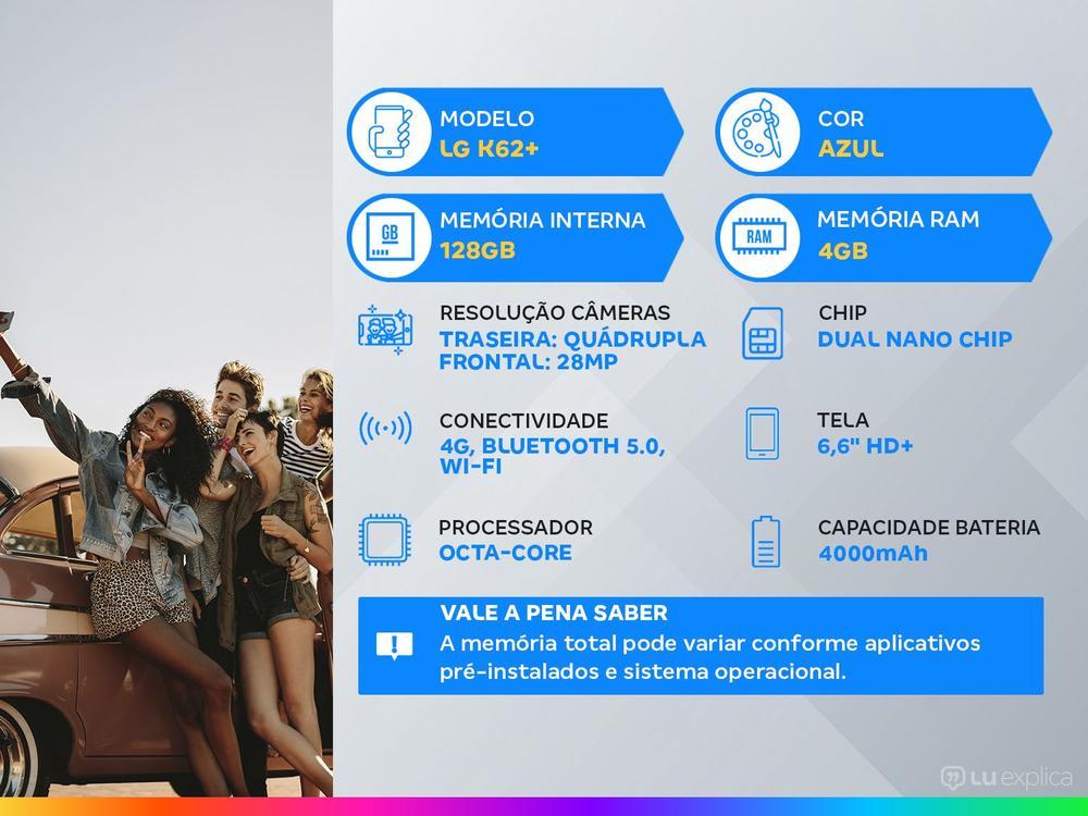 Smartphone LG K62+ 128GB Azul 4G Octa-Core 4GB RAM Tela 6,59” Câm. Quádrupla + Selfie 28MP Dual Chip - 2
