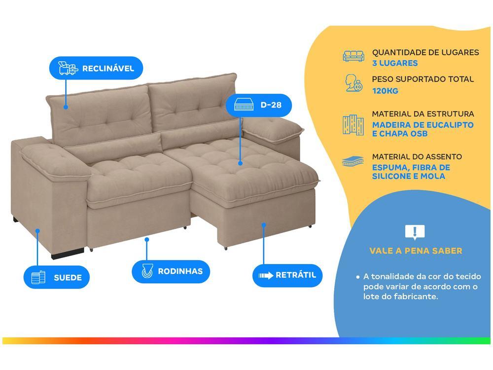 Sofá Retrátil Reclinável 3 Lugares Suede Veludo - 2